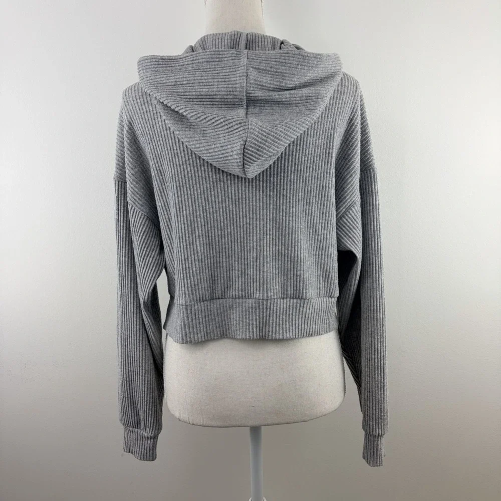 Alo Yoga Women XS Gray Ribbed Cropped Hoodie Long Sleeve Pullover Lounge Top